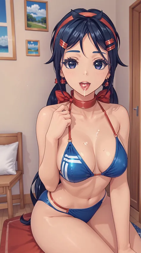 (masterpiece, best quality:1.3), (absurdres absolutely resolution), (8k), (detailed beautiful face and eyes), (detailed illustration), (super fine illustration), dark blue eyes, dark blue hair, braids hair, red hairband, hair ornament, Sexy girl in bikini ...