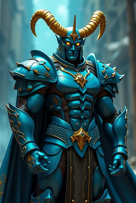  armor generates an image of a JoJo's Bizarre Adventure booth based on the following description :

A muscular and imposing humanoid wearing shiny cyan ,  crowned with golden horns and glowing eyes that emanate an aura of absolute authority.
