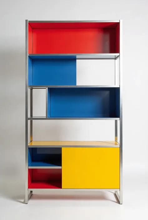 bauhaus style shelf that's in a rectangle shape, has a silver metallic outline, and has the colors red blue yellow