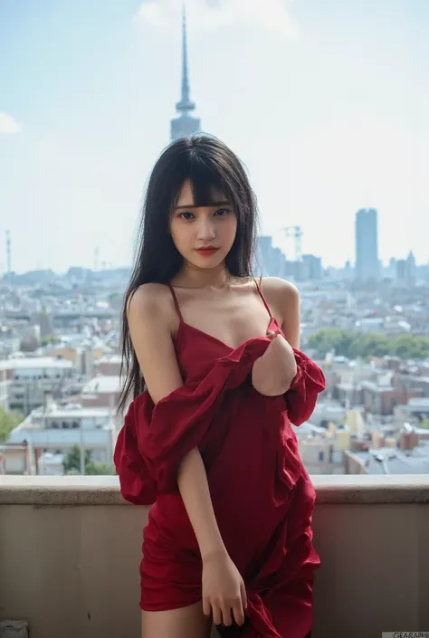 front view and upper body image,  idol umi yatsugake wearing beautiful off shoulders bodycon dress in the penthouse mansion with city view, she has, long black hair ,  with fanged bangs, volumetric lighting, cinematic light, professional, raw, 8k, realisti...