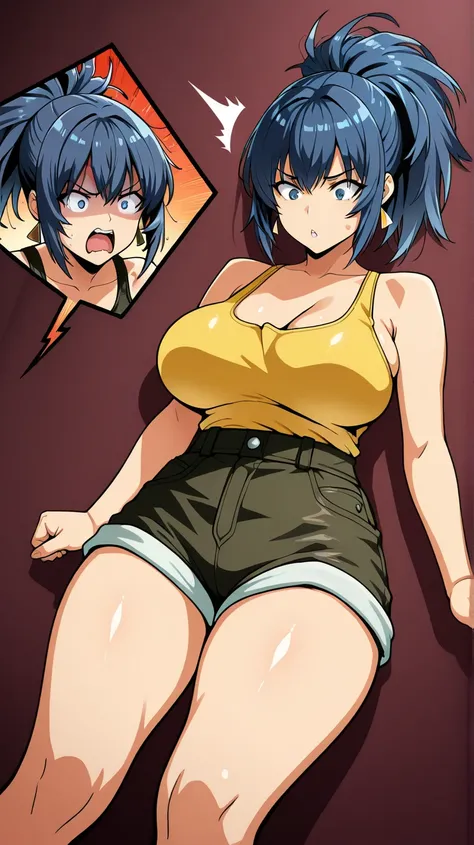 (obra maestra, the best quality, amazing quality),( official style), More quality in the eyes,  Simple background , latest ,1 girl,  Simple background , beautiful eyes,Leona Heidern,  yellow tank top, shorts,  big thighs , nice breasts, adominales, in good...