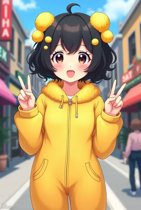 Create anime style for a   with short black curly hair with bangs with fluffy yellow jumpsuit with several fluffy yellow clips in the hair making a sign of peace