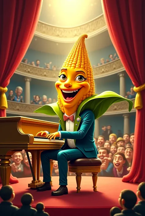 Cartoon corn as an extravagant pianist 