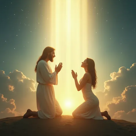   the image of repentance and forgiveness
The description of the image :
" Adam and Eve appear kneeling, raising their hands to heaven to ask for forgiveness.  above them, light rays symbolizing God's mercy appear .  in the background, a simple new earth a...