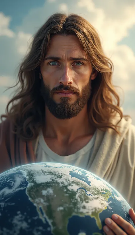 super detailed high quality 8K photorealistic image of a beautiful Jesus Christ with blue eyes looking directly at the camera, blessing planet earth from the heavens.

