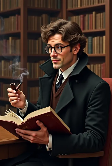 A realistic age man with medium curly hair wearing round glasses smoking a pipe reading a book wearing a black overcoat in the library