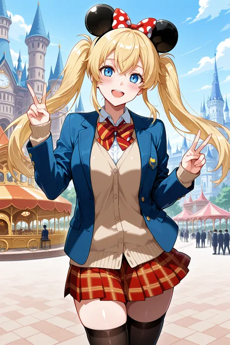 score_9, score_8_up, score_7_up,source_anime, high res image, masterpiece, best quality, highly detailed,
1 girl, clear skin, shiny hair,
twintails, long hair, blonde hair, blue eyes, black ribbon, mickey mouse ears,
red bow, diagonal-striped bow, blazer, ...