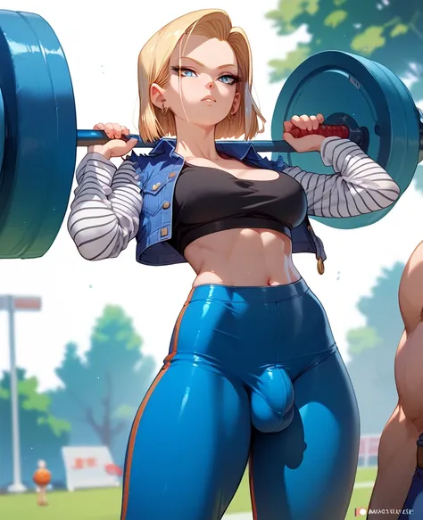  A girl,  Android 18, dragon ball, With athlete clothes, playing sports, tight clothes,  hottie,  large hard bulge in the groin, hard penis bulge 