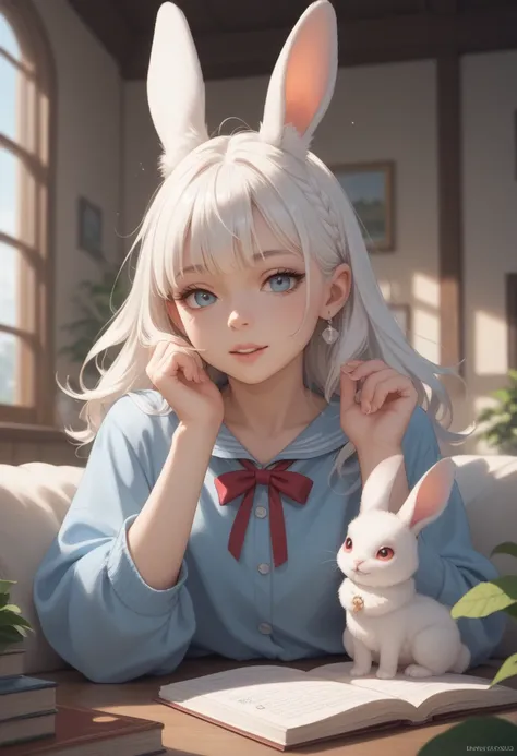  White-haired girl , ,rabbit, Half dragon