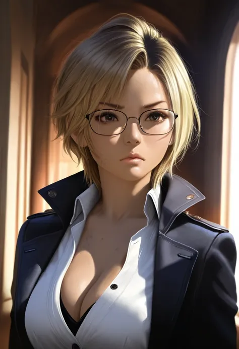 a haughty businesswoman in a black pantsuit with deep cleavage, clipped blonde hair, glasses,  beautiful detailed eyes, beautiful detailed lips, extremely detailed face and skin, dirty blonde hair, serious expression, photorealistic, cinematic lighting, dr...