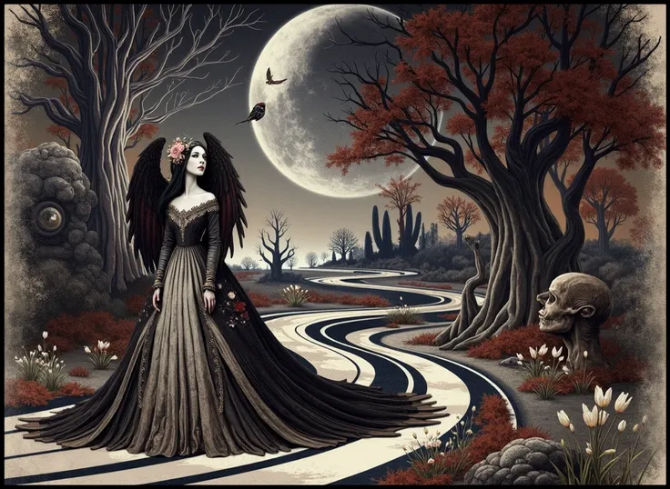 Enchanting forest path, mystical woman in elaborate gown, full moon glow, twisted trees, whimsical flora, gothic figure, surreal background, sharp details, dark ambiance, twisted ornaments, crimson texture, ribbed velvet pattern, pop surrealism, gothic ele...