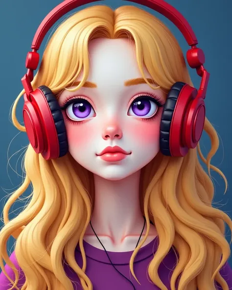  is a blonde girl with soft features, wearing red headphones. .  Her hair is long and wavy, but it is saturated with purple highlights that add a touch of attractiveness and weirdness. . Her facial expression is calm, but she seems full of vitality and fem...