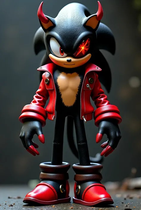 A sonic-style eriso in black with horns on his head wearing a red leather jacket with no other item on his body with sadow-style sneakers wears a sprunki-style eye mask