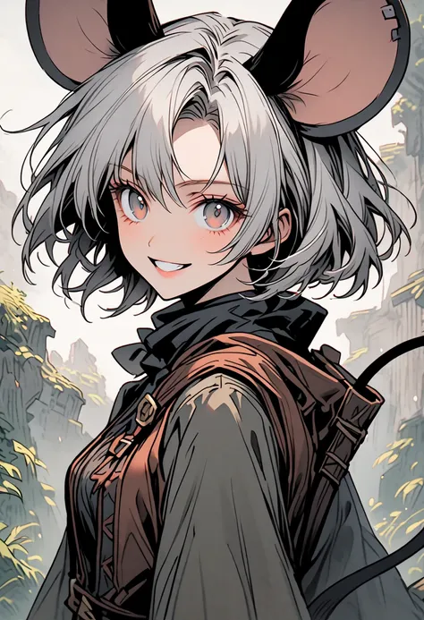 solo, female, close up, cowboy shot, mouse girl, mouse ears and tail, grey hair, adventurer, wide smile, 19th century