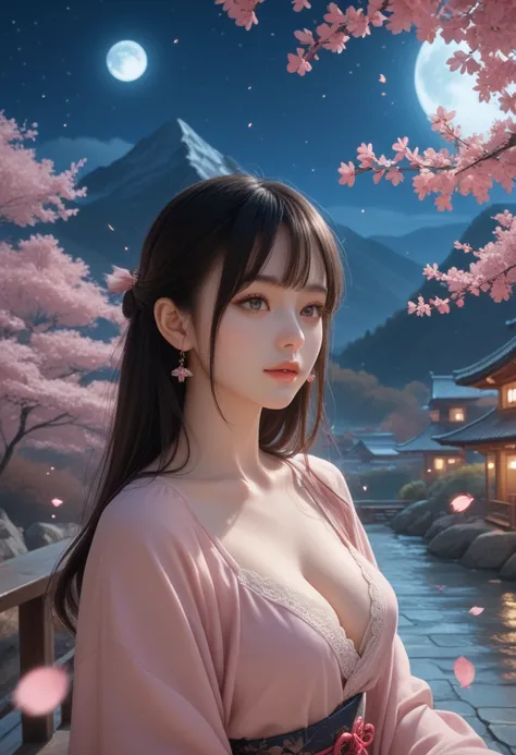 obra maestra,  the best quality,  night, mountain,  Full Moon,  long black hair, Women, firefly, stars,  Mysterious cherry blossom tree, pink leaves,  high quality,  beautiful graphics,  high detail