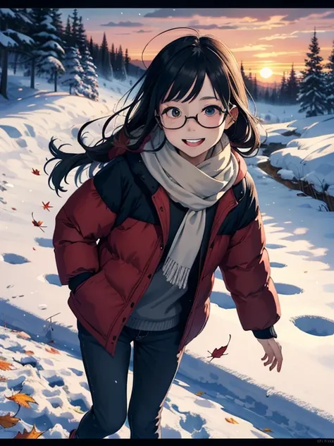  Masterpiece，  top quality， Hi-Res ，( Super Flats ， flat shade )，Glasses， beautiful black hair ，   fteethheye lens， Is a rateethed pig 、 Adorable young mother and cute little daughter:1.25， warm scarf ， down jacket ，( )， long hair， Bbo~，smile, smile， white...