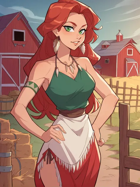 score_9, score_8_up, score_7_up, score_6_up, source_anime, 1girl, red hair, green eyes,native american dress, axe, long hair, cowboy shot, barn, farm,
hand on own hip,