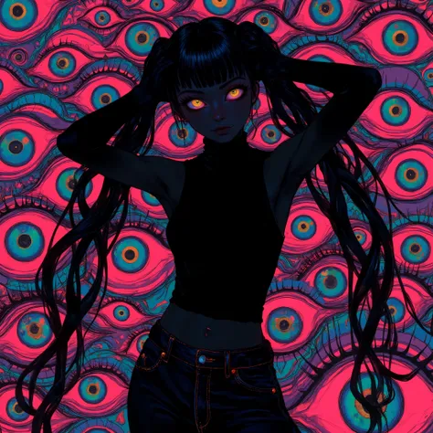 (masterpiece, best quality:1.2), 1 girl, unique, turtleneck woolen sleeveless top, navel, tight jeans, take a step forward, long twintails, glistening swirly golden eyes, f3nn3r, colourful, pink, blue, black, red, trippy, psychotic, psychedelic, losing my ...