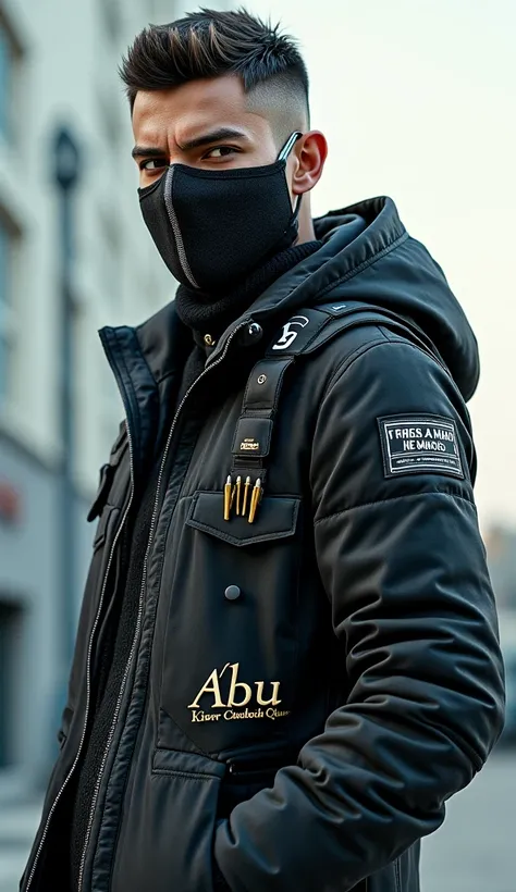 3d,  is a handsome man wearing intricate street clothes with a modern mask, Please write the word Abu Adam in English in a beautiful script 