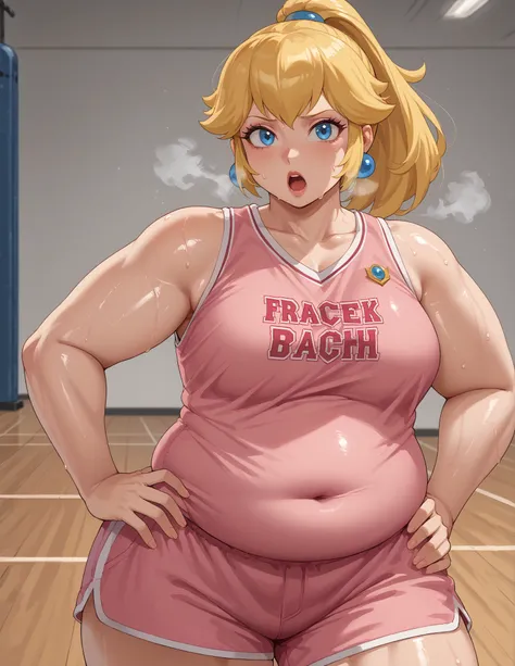 score_9, score_8_up, score_7_up, BREAK, 1girl, solo, princess peach, 1girl, solo, , blonde hair, ponytail, jewelry, makeup, casual, cowboy shot, blue eyes, looking at the viewer, large breasts, hand on hips, pink tanktop, sweaty, pink shorts, sweating prof...