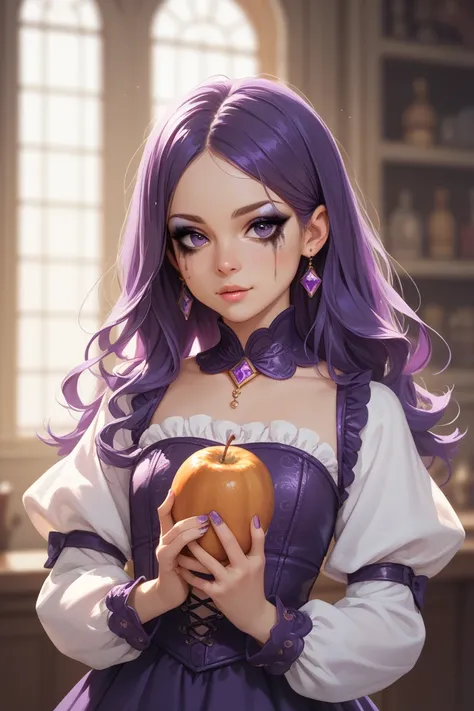  a pretty girl, Young, long and purple hair,  purple eyes,  dark eye makeup, With a purple sorceress outfit, gesturing with your hands as if you were holding something