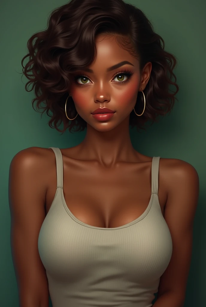 Drawing of a girl, solo , dark skin, short brown curly hair, big green eyes, big lips, large breasts, tank top, 