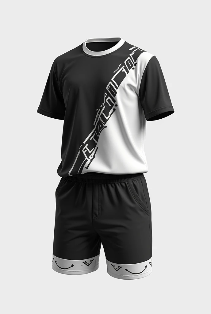 Create a black and white t-shirt and shorts with designs for school uniforms