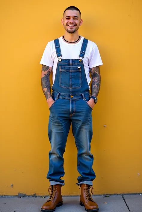 Full body view of a young man with shaved head, Tattoo, He is wearing blue denim dungarees with a white T-shirt, brown combat boots, in front of a sunny wall, He smiles  , 