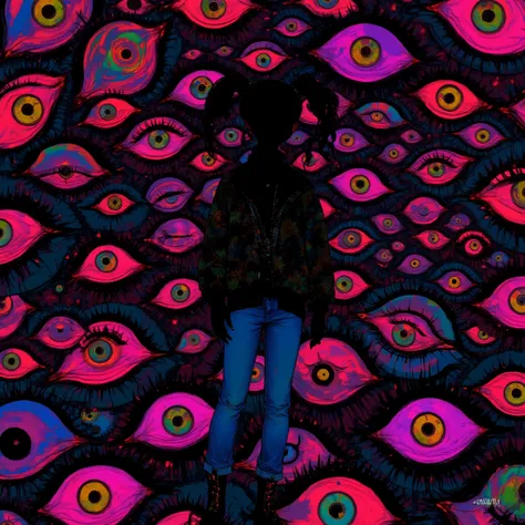 (masterpiece, best quality:1.2), 1 girl, unique, turtleneck woolen sleeveless top, navel, tight jeans, take a step forward, long twintails, glistening swirly golden eyes, f3nn3r, colourful, pink, blue, black, red, trippy, psychotic, psychedelic, losing my ...