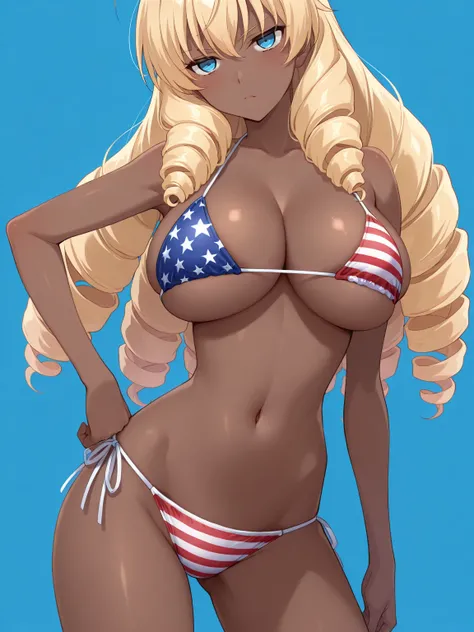 score_9, score_8_up, score_7_up, source_anime, masterpiece, best quality, anime screencap,source_anime, anatomically correct,good hands, (front view), 1girl,(too dark brown skin),blonde hair, long hair,(drill hair),blue eyes,upper class,big breasts, 
contr...