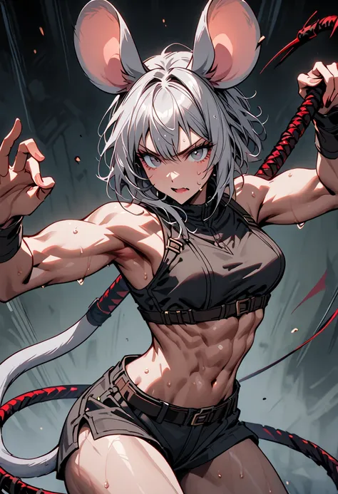 solo, female, close up, cowboy shot, mouse girl, mouse ears and tail, grey hair, adventurer, toned, muscular, abs, very short, sweat, action pose, whip, midriff, juicy toned thighs, playful