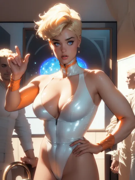 (best qualityer)), ((work of art)), (detailded: 1.4), (absurdrez), Stefania Ferrario as fighter pilot ready for war, White leather cyberpunk clothes, with spectacular abstract designs, defined muscular sculptural body, half thick bare thighs, mouth between...