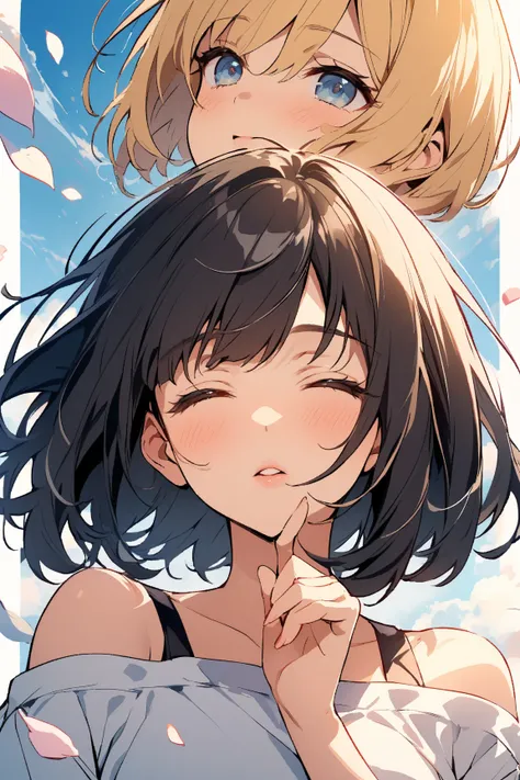 Illustration showing the face of one girl。A romantic expression that makes you look up, close your eyes, and invite a kiss。I'm turning my face towards the viewer。Pursing his lips。The finger of one hand is touching my lips。 bob cut、 oversized t-shirt、off-th...