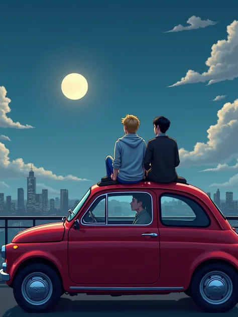 A red car, parked in a viewpoint, Overlooking the city of London,  the sky is with white clouds and the moon rising on the horizon, The city is illuminated with its night lights, On the roof of the car are two men sitting watching the sky, A young man has ...