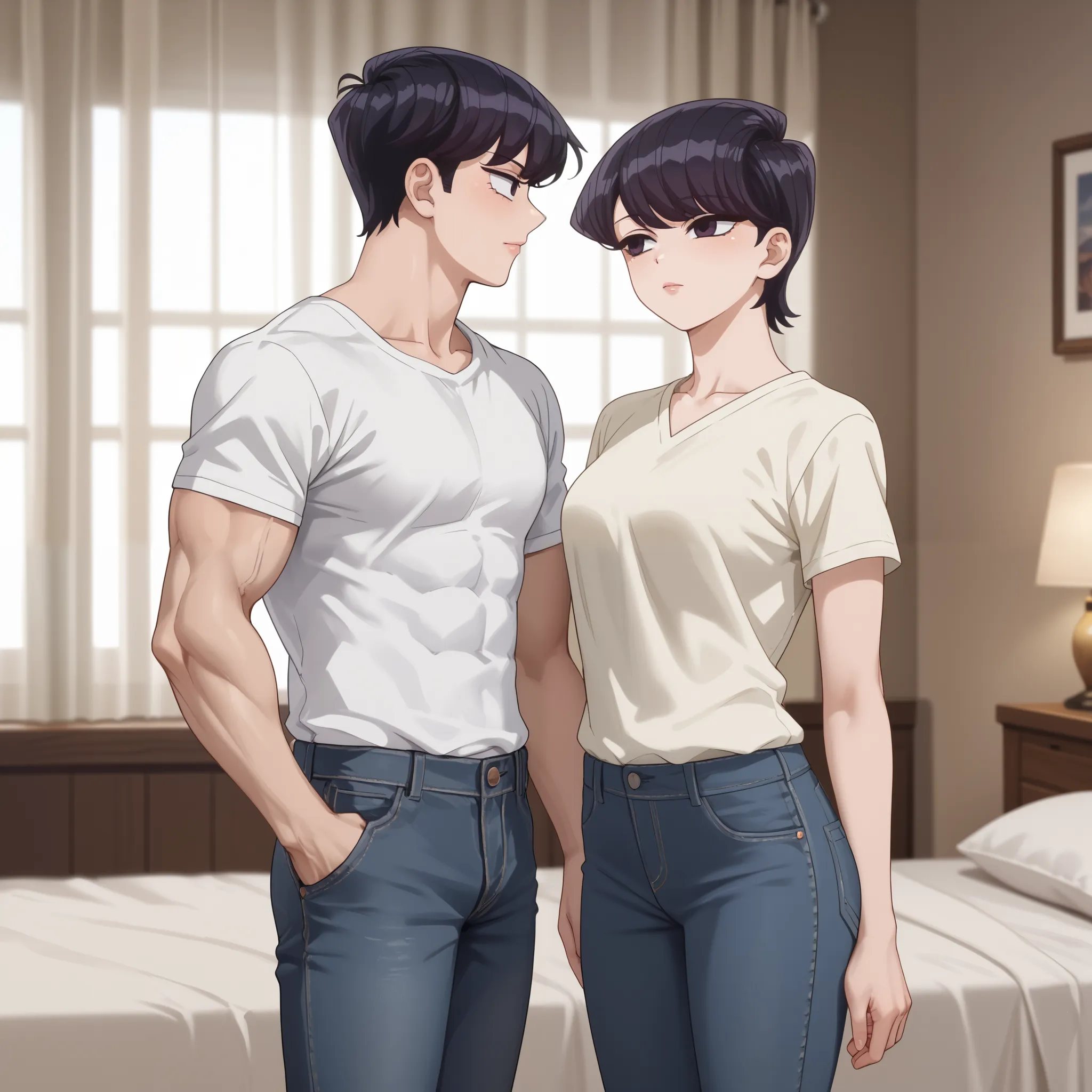 shuuko komi, short hair, black hair, black eyes, half-closed eyes, shirt, white shirt, short sleeves, pants, denim, jeans, 1girl, 1boy, manly, muscle_boy, short_hair_boy, standing, hotel, bed, room, netorare ((( best quality, high definition, detailed face...