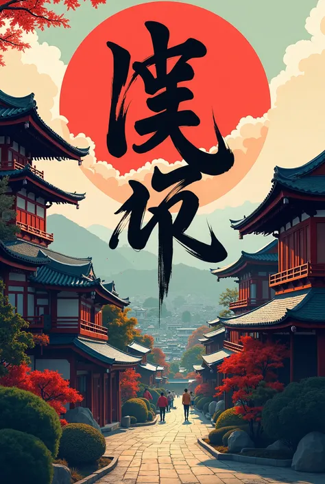 Image representing the city of Kyoto in the background and above the image letters with oriental typography that say Japan 