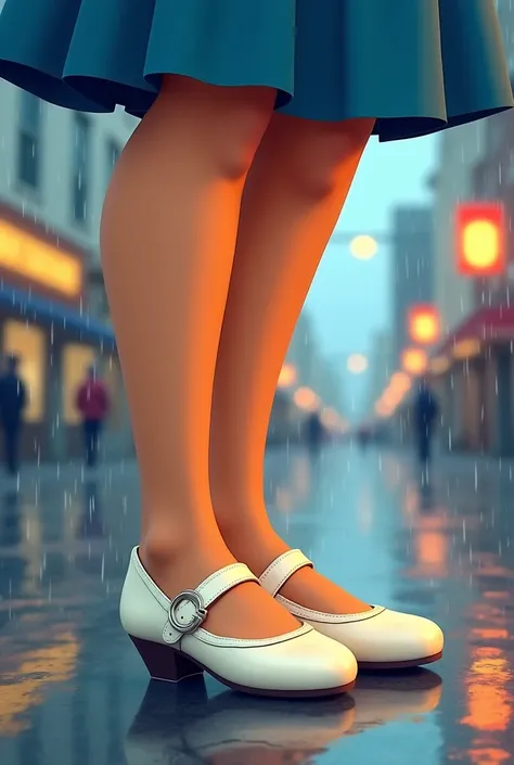 Tip: A very lovely  woman being sad in Downtown San Diego in the rain.. The illustration is a high definition illustration with 4k resolution., with highly detailed facial features and cartoon style visuals, close up of woman’s feet wearing white Mary Jane...