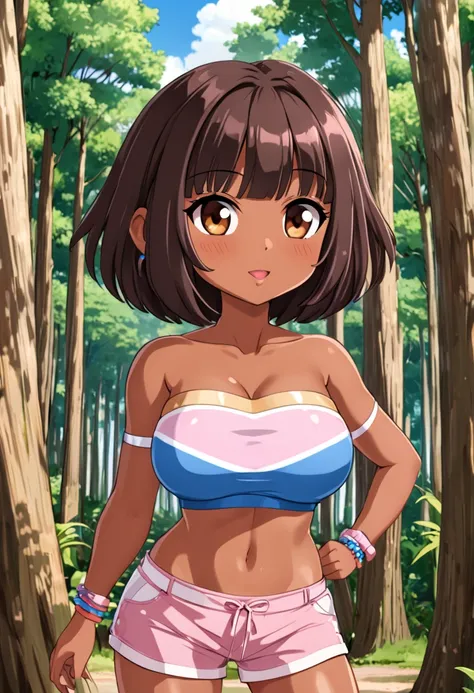 ((masterpiece, best quality)), full body, solo, dora, brown eyes, dark-skinned female, (tan), bob cut, large breasts , blue sky, forest, portrait, upper body, huge tits,, chibi, pink taught tube top, underboob, areola, booty shorts, nsfw, strapless, cleava...