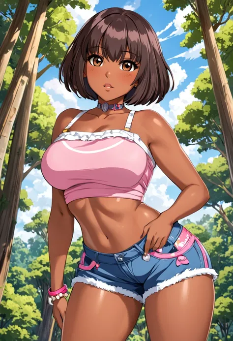 ((masterpiece, best quality)), full body, solo, dora, brown eyes, dark-skinned female, (tan), bob cut, large breasts , blue sky, forest, portrait, upper body, huge tits,, chibi, pink taught tube top, underboob, areola, booty shorts, nsfw, strapless, cleava...