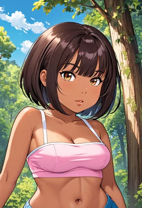 ((masterpiece, best quality)), full body, solo, dora, brown eyes, dark-skinned female, (tan), bob cut, large breasts , blue sky, forest, portrait, upper body, huge tits,, chibi, pink taught tube top, underboob, areola, booty shorts, nsfw, strapless, cleava...