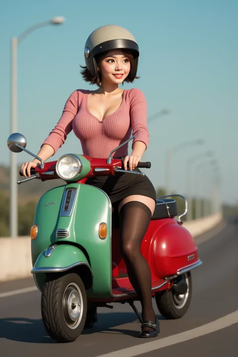 8K, RAW photos , super A high resolution, top quality , masterpiece:1.2), (realistic illustration ), (highly detailed CG Unity 8K wallpaper), ((A picture showing the whole motorcycle)), ((full body image :1.5)), ((full body:1.5)), ((Her feet are on the ste...