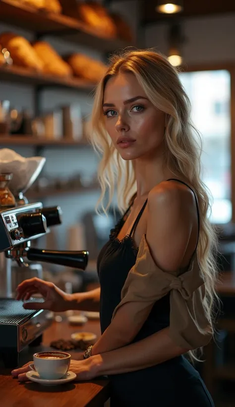 The most beautiful Scandinavian woman in the world is working in a warm and stylish coffee shop, brewing delicious coffee. She has perfect beauty, with her bright blonde hair reflecting the light, her clear blue eyes and sculpted features. She is wearing a...