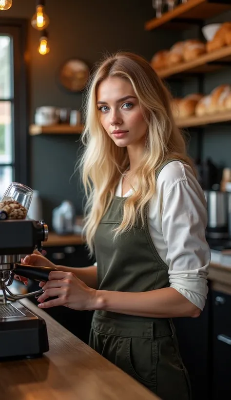 The most beautiful Scandinavian woman in the world is working in a warm and stylish coffee shop, brewing delicious coffee. She has perfect beauty, with her bright blonde hair reflecting the light, her clear blue eyes and sculpted features. She is wearing a...