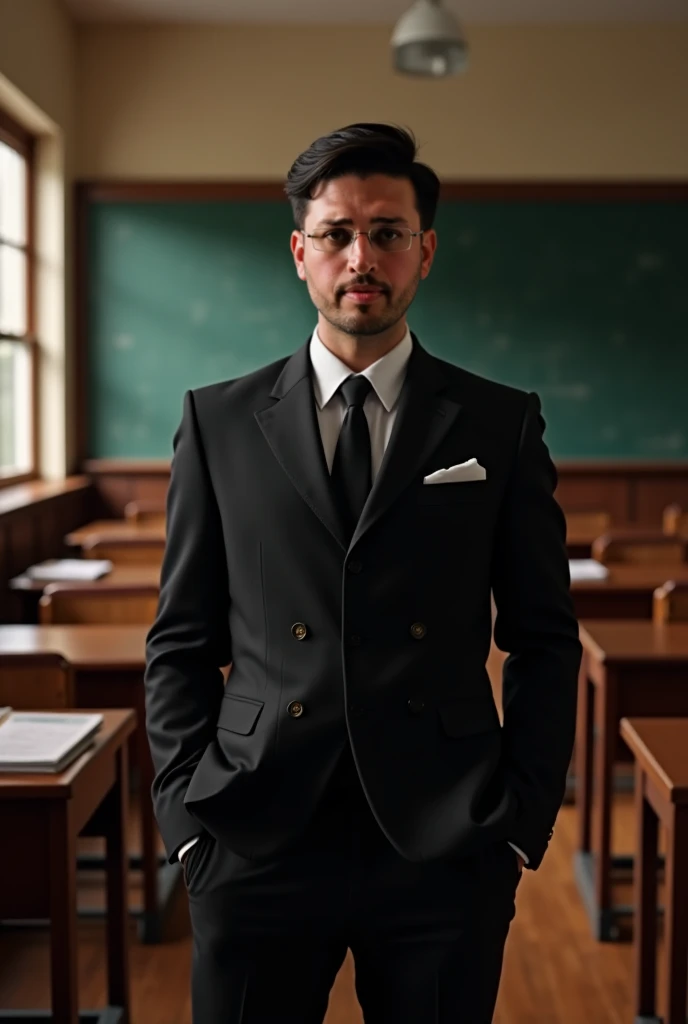 Make this man with black hair and wearing a black suit in a classroom 