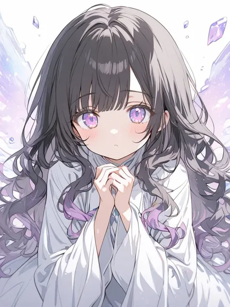 1 girl, bangs, black hair, loose wavy hair, ametrine eyes, white robe, dress