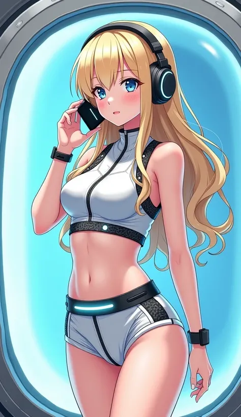 Detailed anime illustration, pixiv style,anime love-live style, zero gravity space. Woman dressed in white spaceship high-tech capsule, cold sleep device. Japanese woman, blonde long hair, blush,shy,wearing futuristic underwear with biosensors and circuit ...