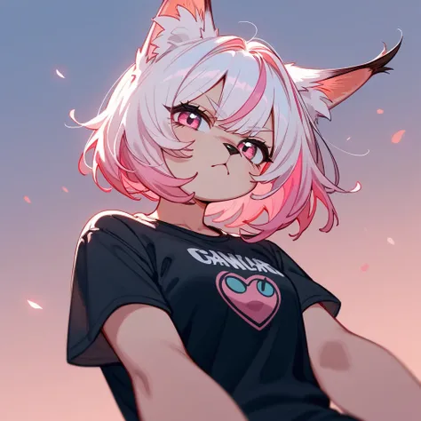 , score_9,score_8_up,score_7_up, source_cartoon, an Anthro furry lynx girl, short white hair with pink tips on hair, pink highlights in hair, pink eyes, wearing black underwear, seductive, The cat is peach-colored, slightly below average height. bright pin...