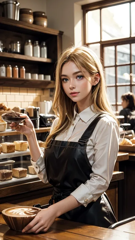 The most beautiful Scandinavian woman in the world is working in a warm and stylish coffee shop, brewing delicious coffee. She has perfect beauty, with her bright blonde hair reflecting the light, her clear blue eyes and sculpted features. She is wearing a...