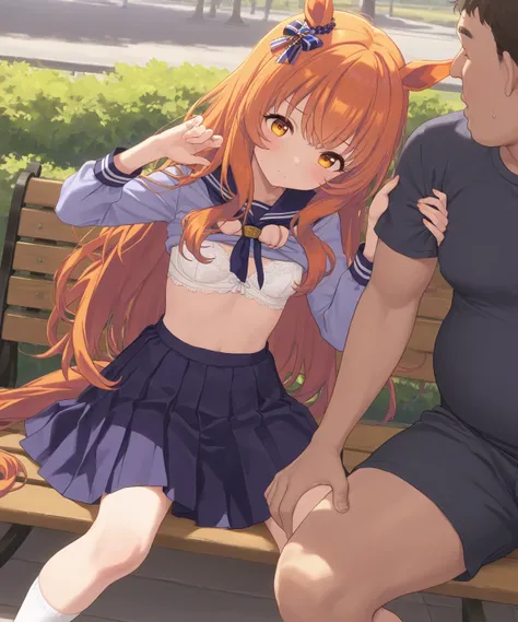 very awa, masterpiece, best quality, newest,  highres, absurdres、 There is only one 、 Mayano Top Gun 、Uma Musume　 Mayano Top Gun 、 orange hair、 long hair、Navy blue school uniform、  dark blue skirt、 outdoor、 Park bench sunny、   bulging face、One fat man 、 a ...