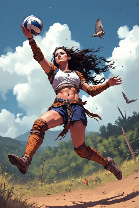 Atena greek goddess as goddess of valleyball, dynamic pose, long hair, attacking, owl flying above her, oil panting, digital paiting, she is playing valleyball